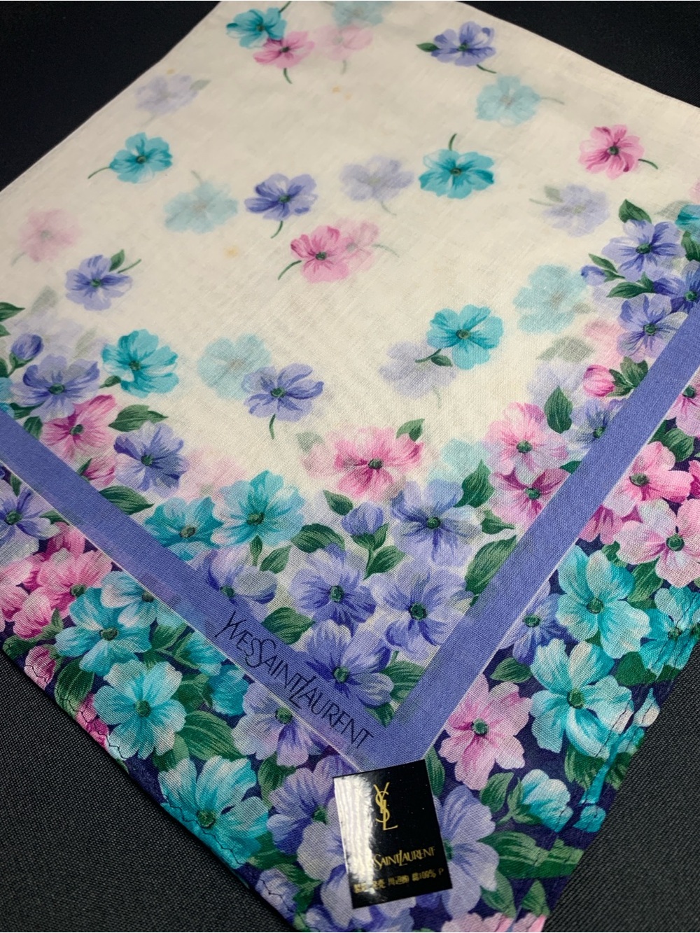Yves Saint Laurent Floral Cotton Mini Scarf in White, Aqua, Lavender & Pink
